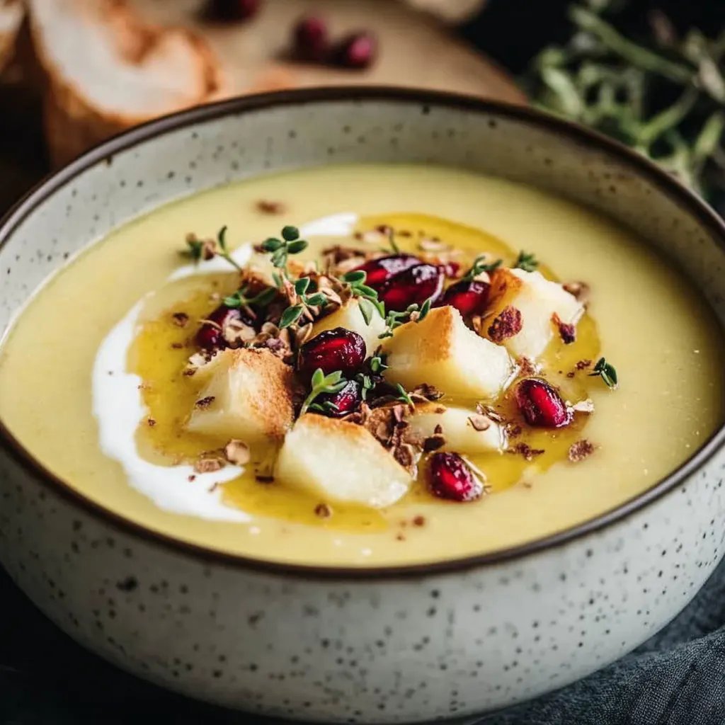 Pastinaken-Senf-Suppe mit Kresse und Granatapfel